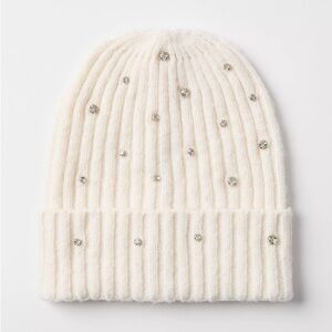 LOFT Cream Beanie with Sparkling Rhinestone Jewels